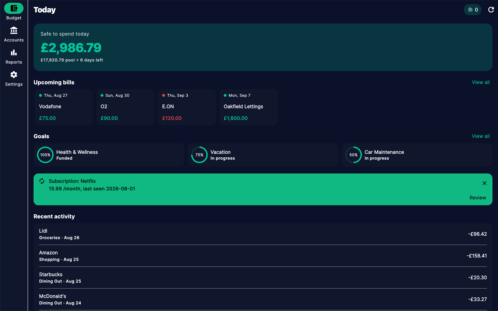 Zeroed — Today view with safe-to-spend, upcoming bills, and goals