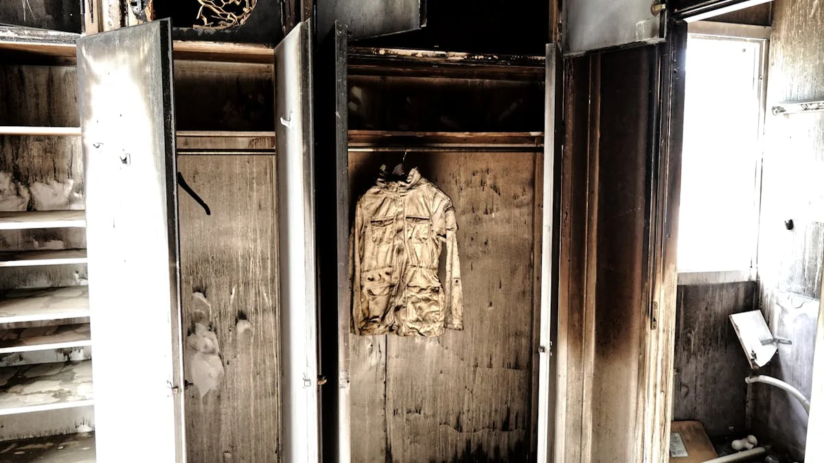 Person standing in a fire-damaged living room with a smartphone in hand