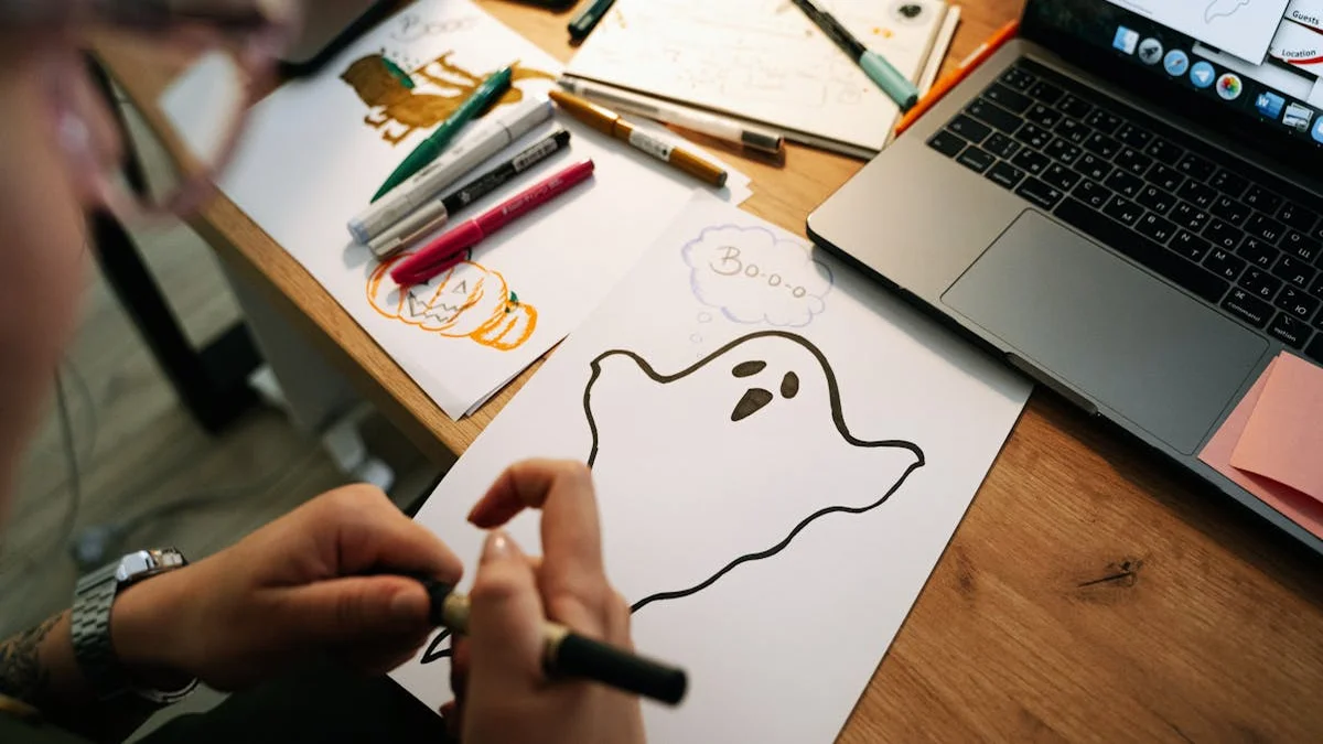 A child sketching a pixel ghost on grid paper