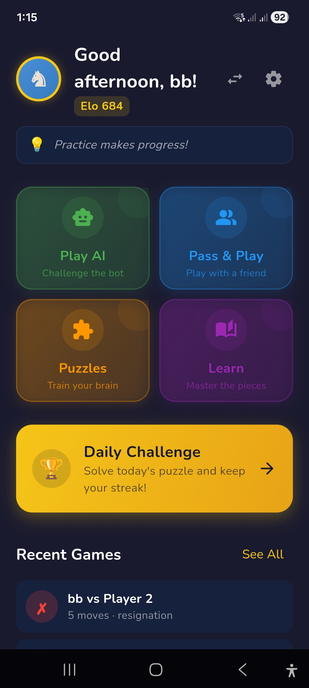 RankUpChess — Home screen with Play AI, Pass & Play, Puzzles, Learn, and Daily Challenge
