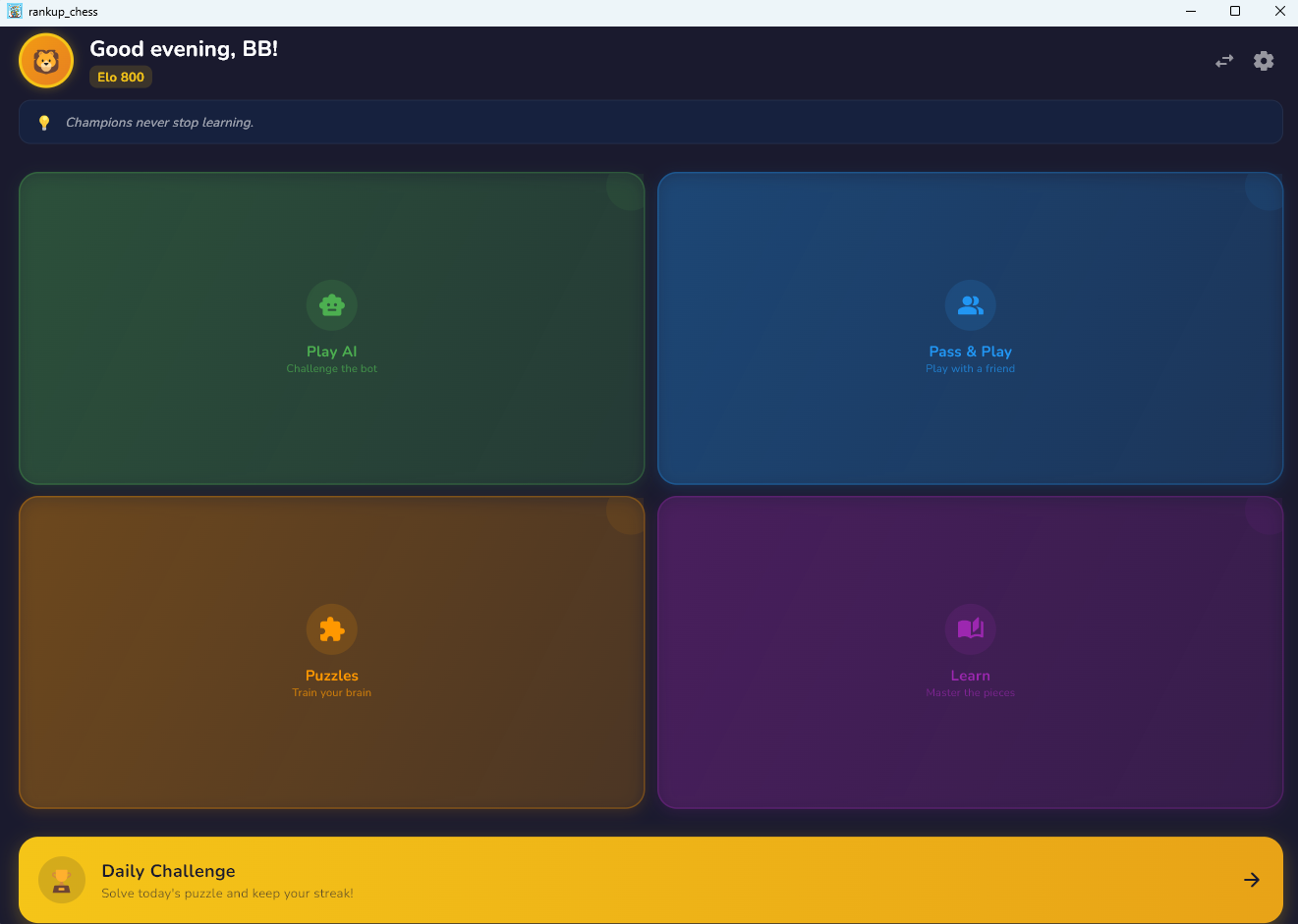 RankUpChess — Home screen with Play AI, Pass & Play, Puzzles, Learn, and Daily Challenge