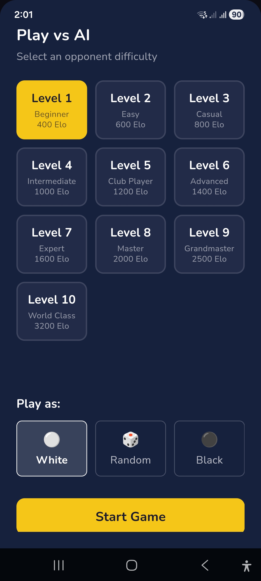 RankUpChess — Play vs AI with 10 difficulty levels from Beginner 400 Elo to World Class 3200 Elo