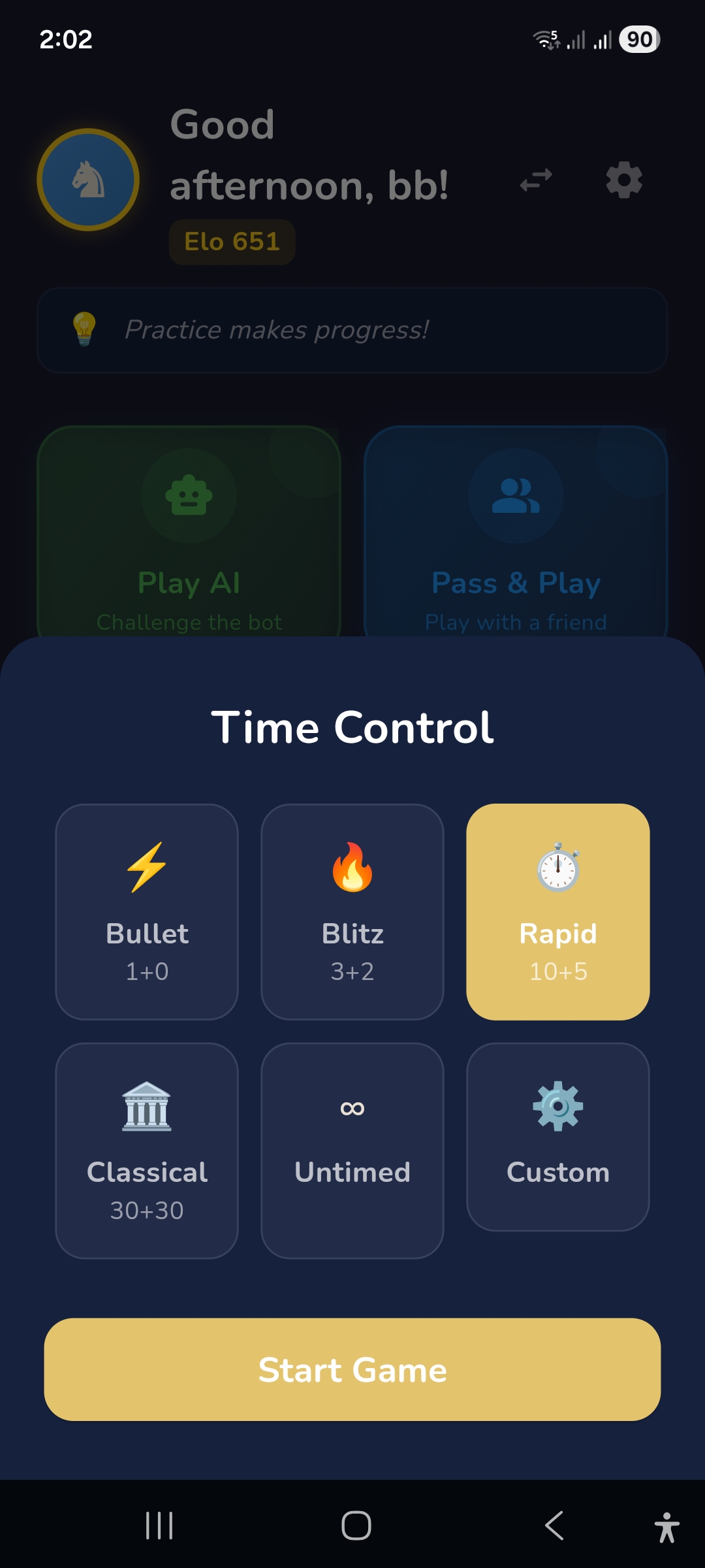RankUpChess — Time Control selection with Bullet, Blitz, Rapid, Classical, Untimed, and Custom modes