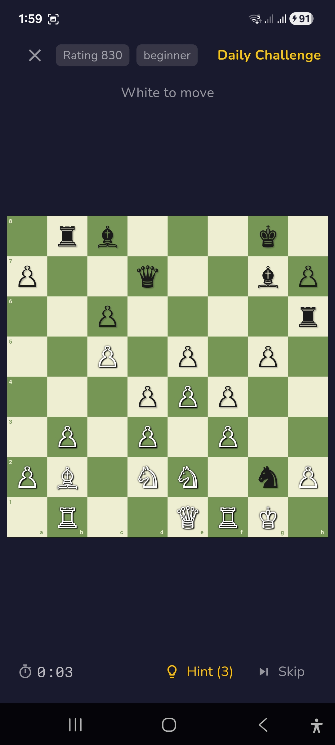 RankUpChess — Daily Challenge puzzle with timer, hints, and skip