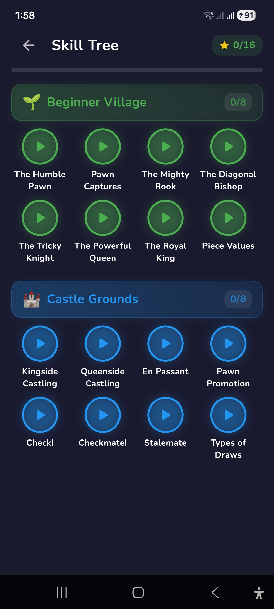 RankUpChess — Skill Tree with Beginner Village and Castle Grounds learning paths