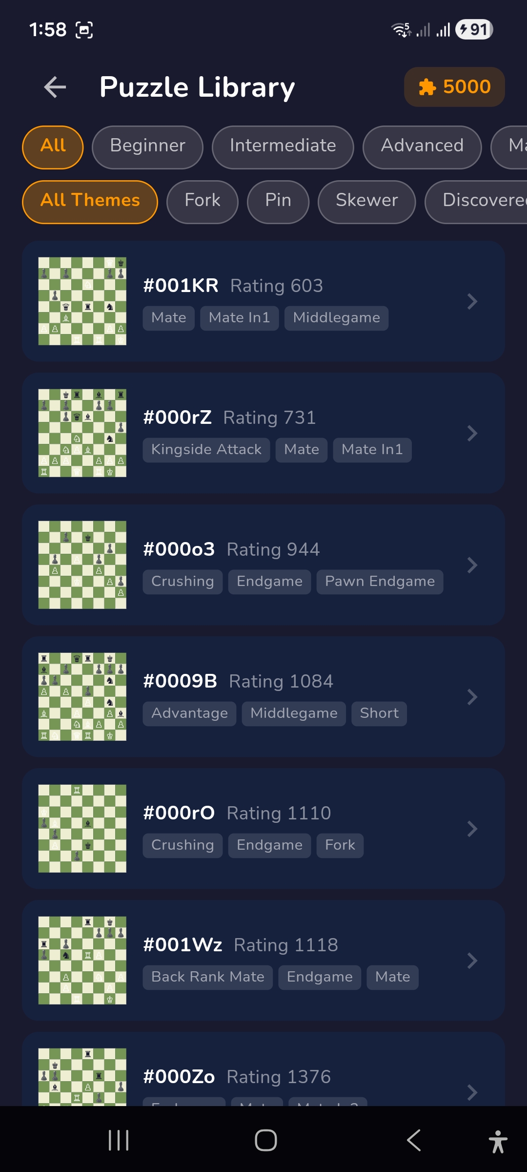 RankUpChess — Puzzle Library with 5,000 puzzles filterable by difficulty and theme