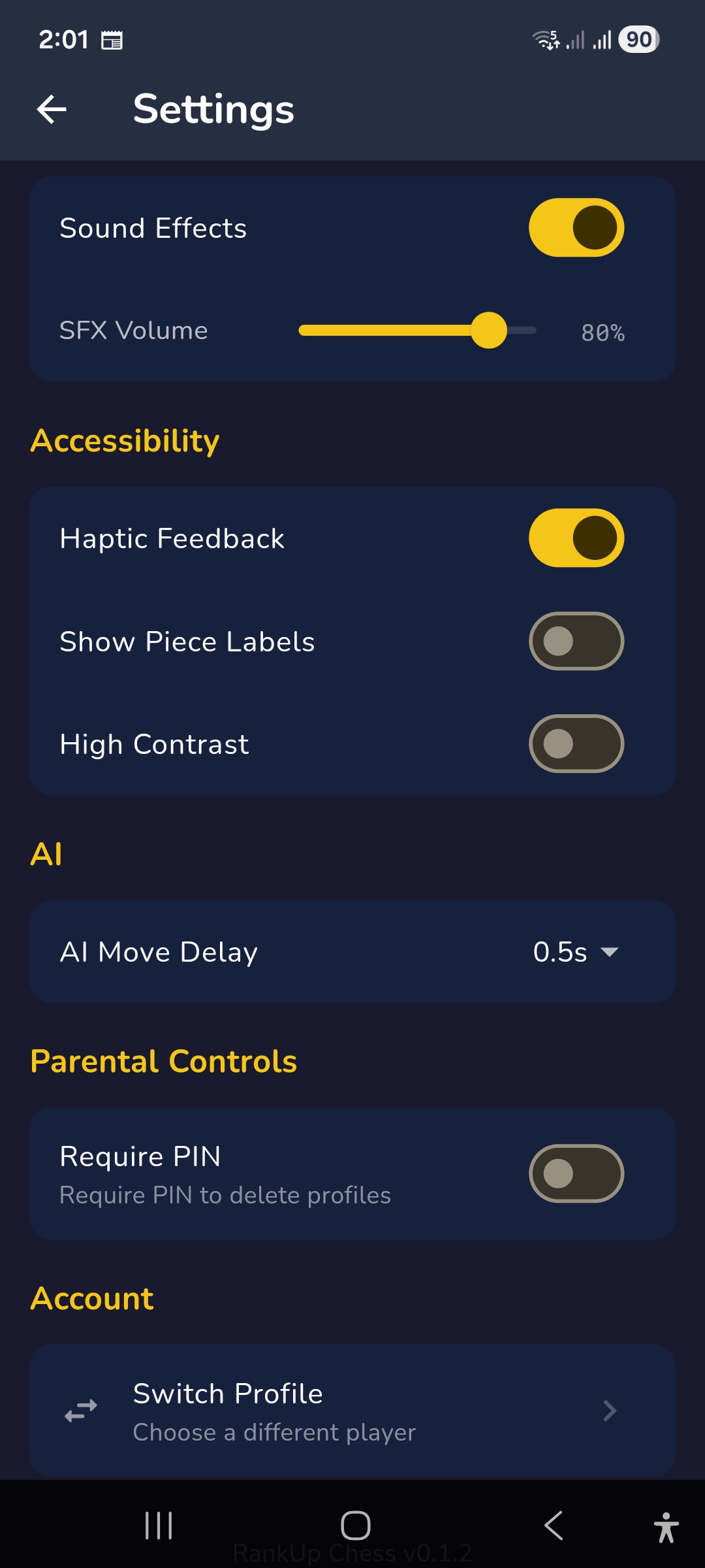 RankUpChess — Settings with Sound, Accessibility, AI, and Parental Controls