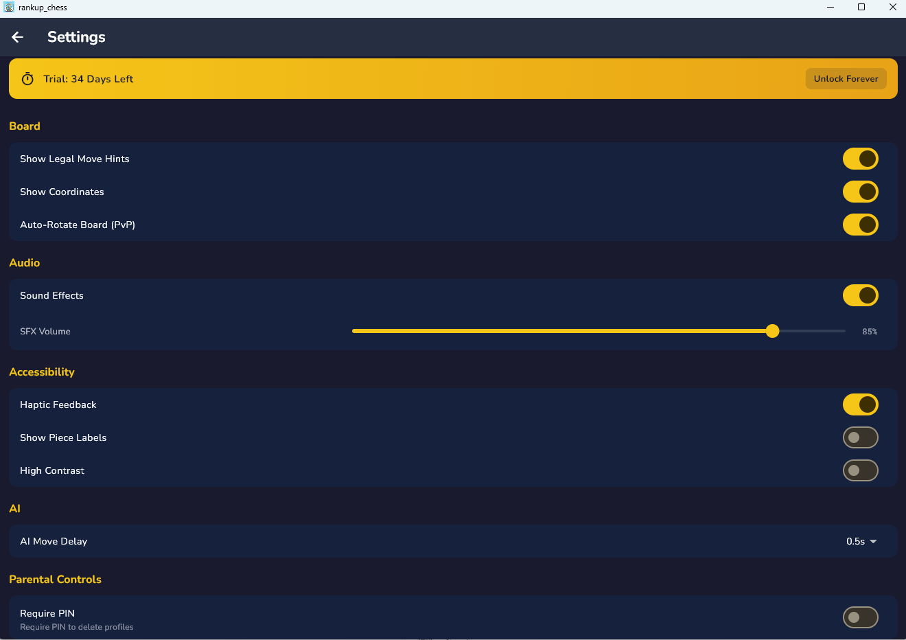 RankUpChess — Settings with Board, Audio, Accessibility, AI, and Parental Controls